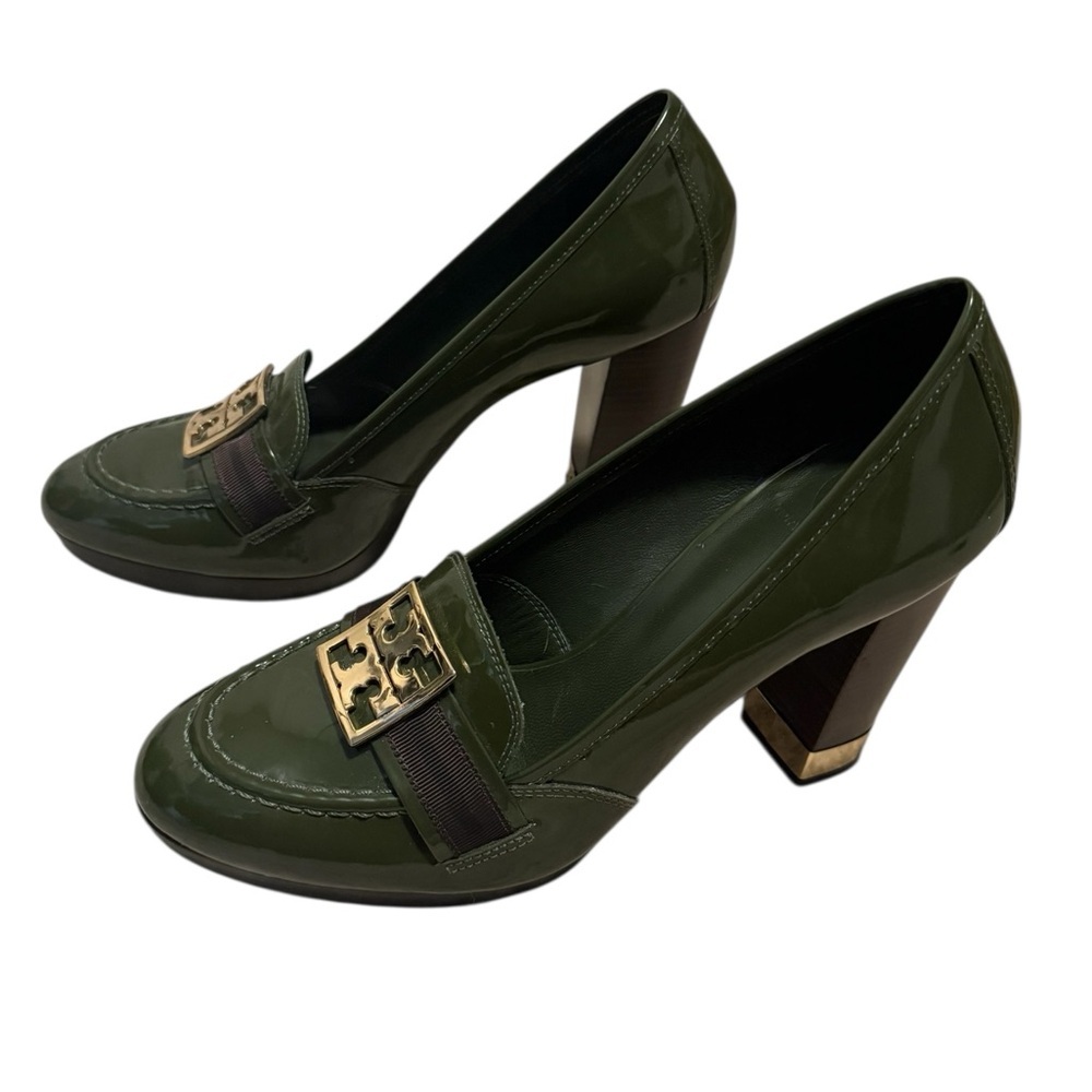 Tory Burch Olive Green Patent Leather Heeled Loafer Size 9.5 - Picture 3 of 9